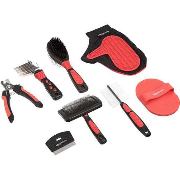 8 in 1 Pet Grooming Set Brush Shedding Tool Comb Scissors Nail Clippers Red